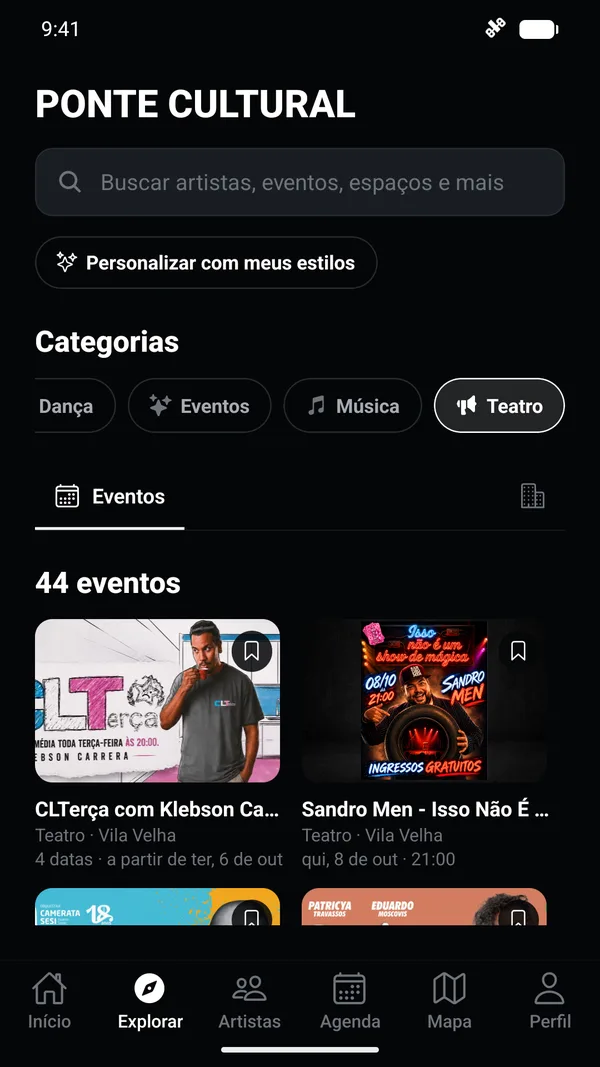 Tela Explorar com busca e categorias